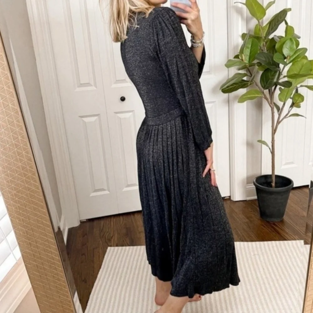 Kate Spade New York Faux Wrap Dress Grey Metallic Silver Knit Pleated V Neck XS